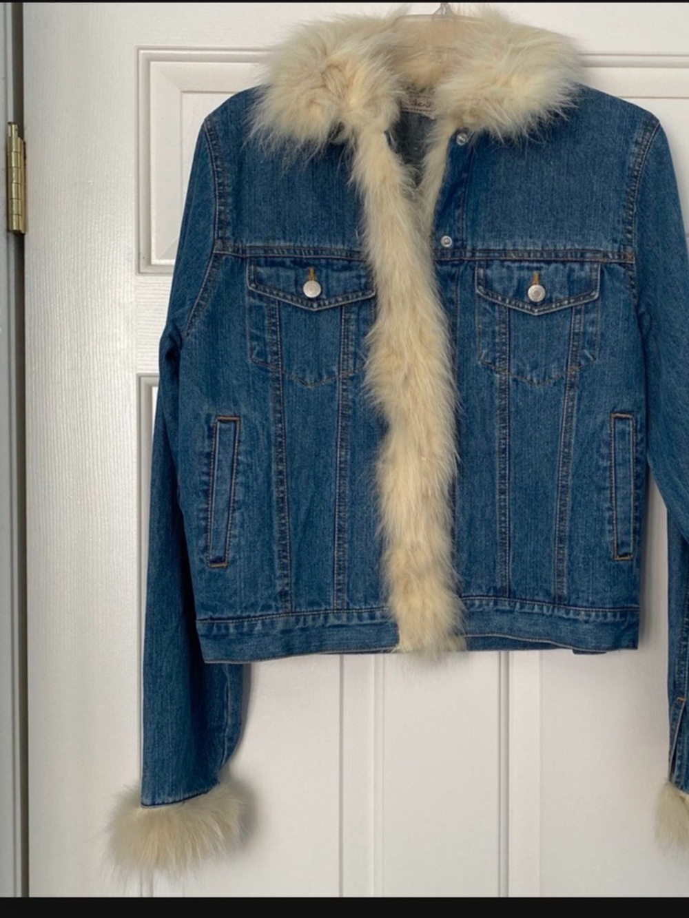 Blue Denim Jacket with Cream Faux Fur Trim